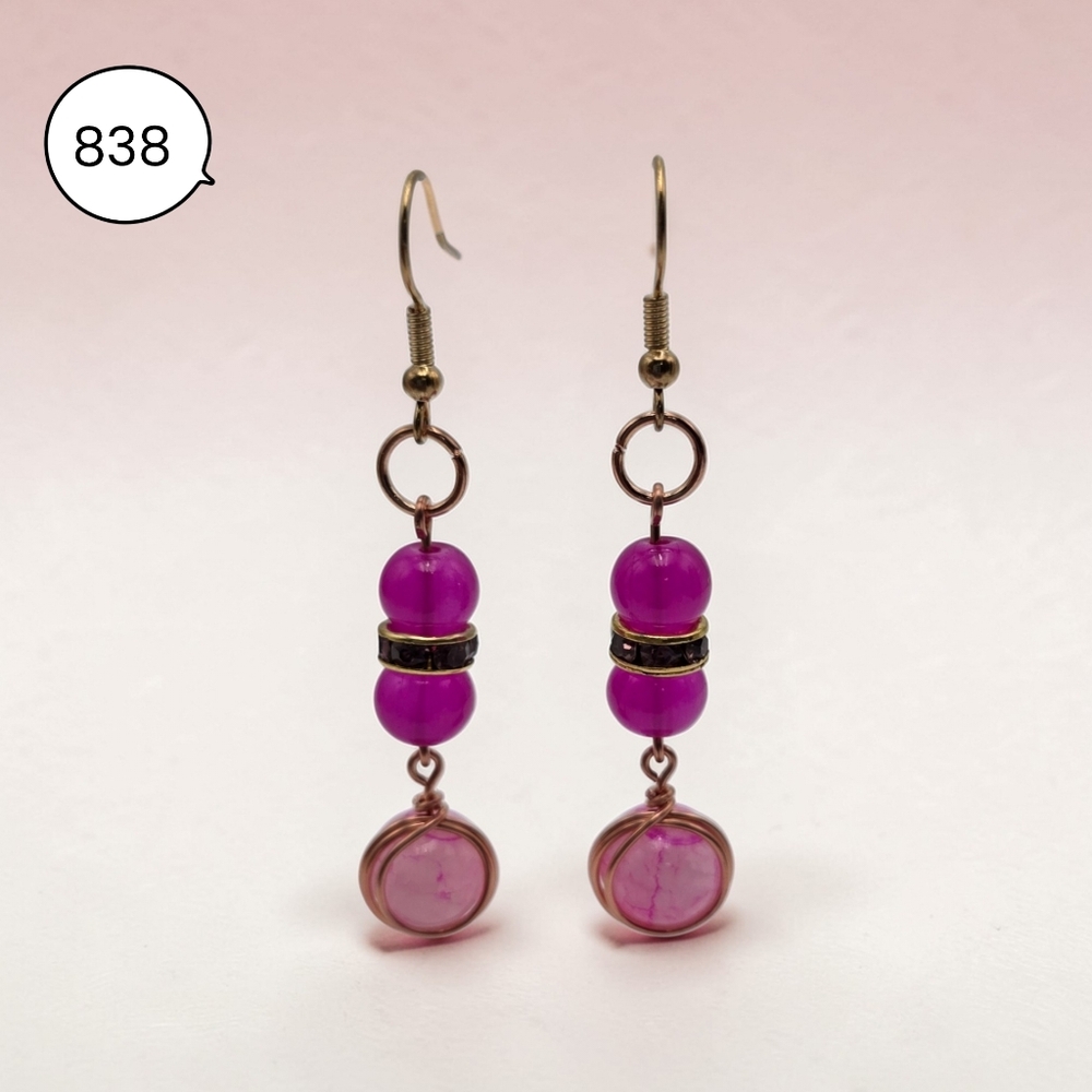Fuchsia Bead Earrings with Wire Wrapped Charm – Handmade Dangle